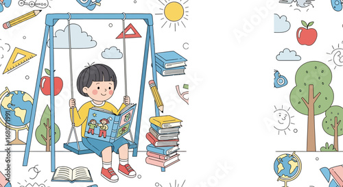 Illustration showcasing the joy of reading featuring a boy on a swing with books and educational
