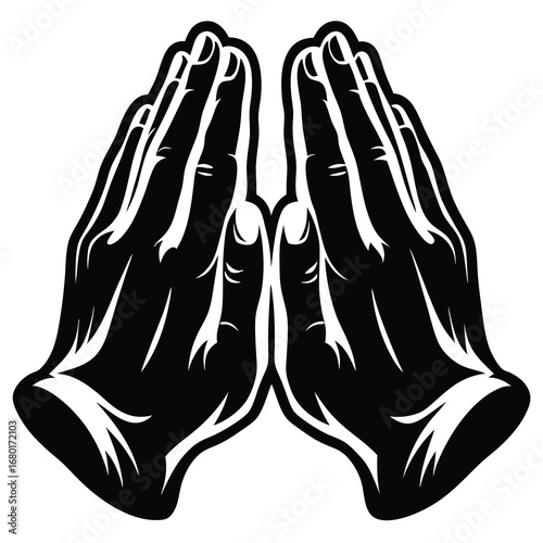 Black and white graphic illustration of two hands pressed together in prayer