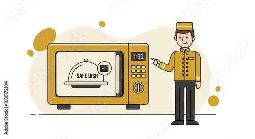 Illustration showcasing microwave safe dish instruction with cartoon bellhop character