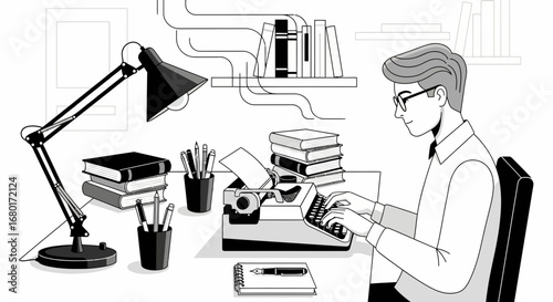 Illustrative depiction of a writer working on a typewriter in a study room setting