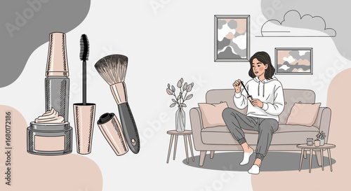 Illustration showcasing beauty routine with a woman applying makeup at home in relaxed atmosphere
