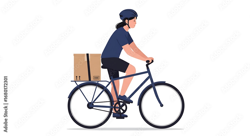 Naklejka premium A person wearing a helmet rides a bicycle with a cardboard package on the back rack.
