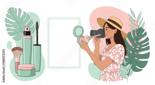 Illustrative beauty blogger with camera and makeup products and monstera leaves