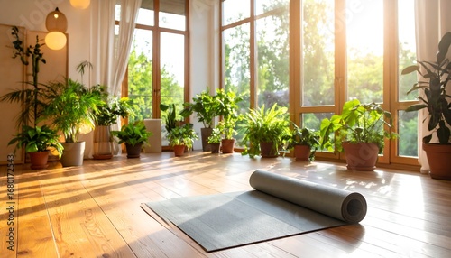 Sunny yoga studio with plants (1)