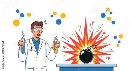 Laboratory mishap scientist holding test tubes with bomb explosion experiment