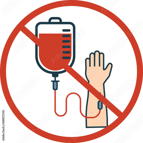 No blood transfusion icon. Prohibited IV drip symbol. Healthcare restriction sign. Not allowed be a donor. flat style.