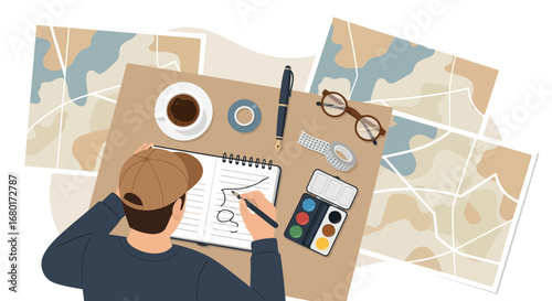 Illustrator drawing sketches on a notepad with maps surrounding him on the table top view