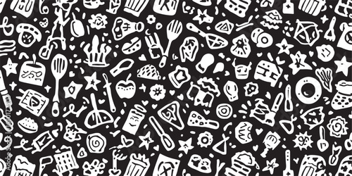 Black and White Seamless Kitchen Food Pattern Featuring Cooking Utensils and Delectable Treats for Culinary Arts and Gastronomy