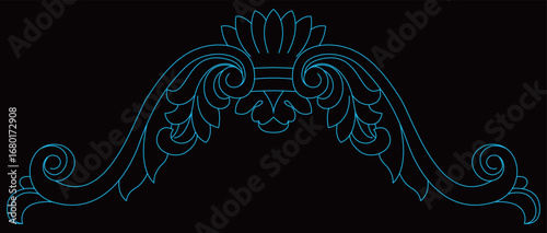 A symmetrical decorative arch features a central fan and scroll leaves.