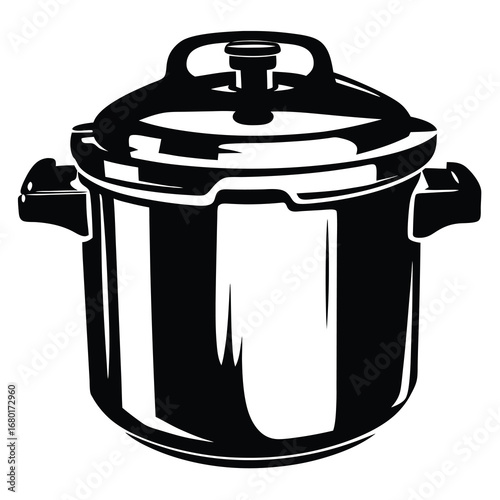 Stylized illustration of a stainless steel pressure cooker with a closed lid
