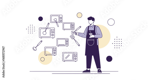 Man in apron surrounded by microwaves and kitchen utensils creating a modern kitchen environment