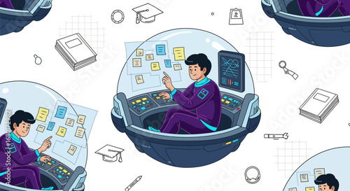 Man in a Futuristic Control Center Surrounded by Technology and Education Icons