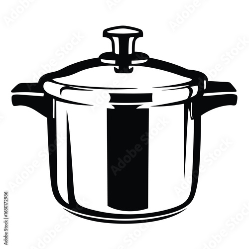 Black and white illustration of a classic stovetop pressure cooker appliance