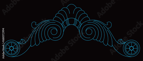 An elegant symmetrical ornamental design shows swirling leaf scrolls and a central shell.