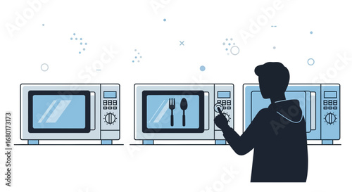 Microwave oven illustration with person operating it, depicting modern cooking appliance and