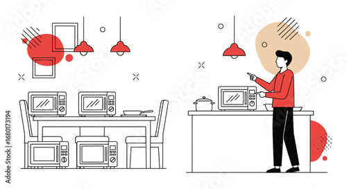 Microwave Oven Mania: A Minimalist Illustration of Kitchen Appliances and Human Interaction