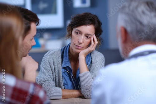 A doctor delivering difficult news to a family in a quiet consultation room The mood feels emotional and delicate, Generative AI
