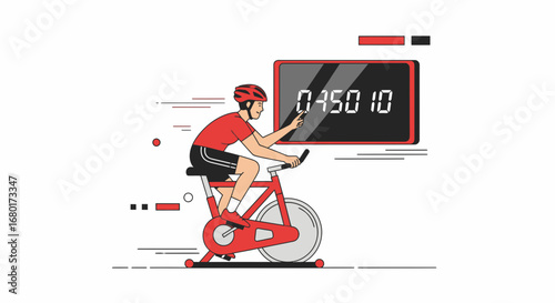 Man riding stationary bike adjusting digital display for fitness tracking and exercise routine