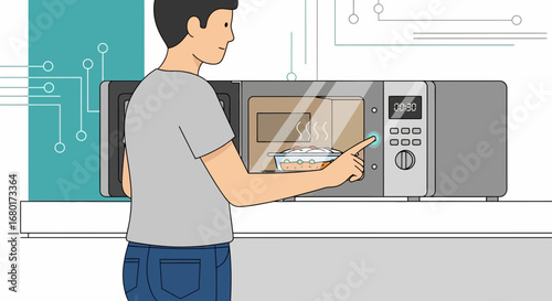 Man using microwave oven to heat food for convenience in a modern kitchen design