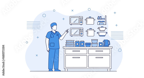 Medical professional presenting kitchen appliances and cooking utensils arrangement concept