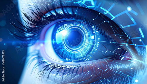 Digital Eye: A close-up, futuristic portrayal of the human eye, rendered with digital enhancements to symbolize technology and vision. Featuring glowing details that captivate the viewer.