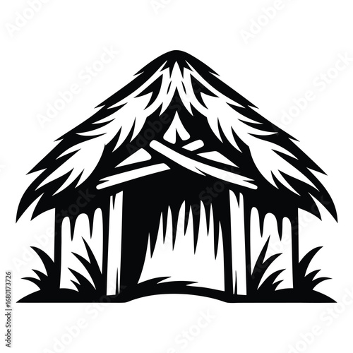 Minimalist black and white illustration of a thatched hut or Tiki Hut
