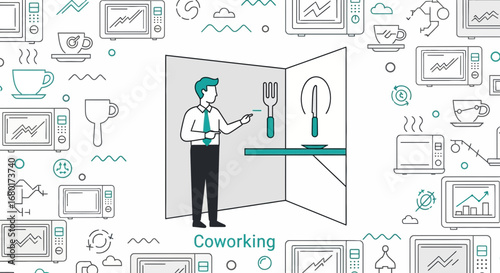 Modern Coworking Space: Illustration of Shared Kitchen Facilities and Amenities