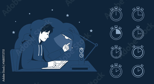 Night Study Session: Focused Student with Lamp and Time Management Illustrations