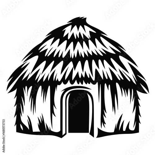 Stylized black and white image of a traditional thatched hut dwelling