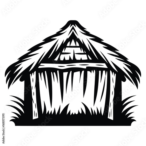 Monochrome illustration of a traditional thatched hut or shelter in black and white
