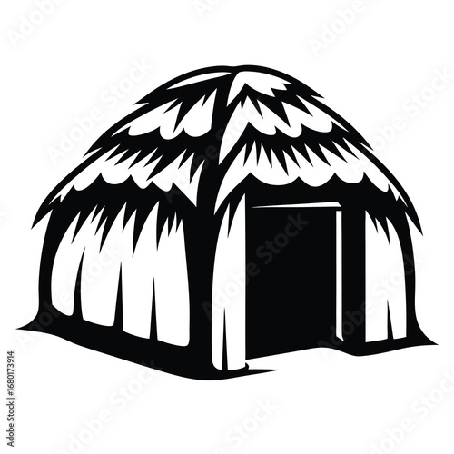 Stylized illustration of a black and white thatched hut or dwelling