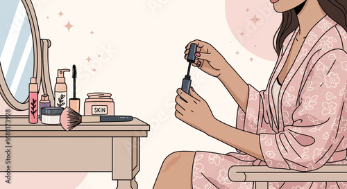 Morning beauty routine illustration, a woman applying mascara with vanity table in soft pastel