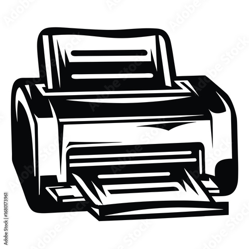 Black and white vector drawing of a modern office printer device