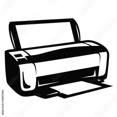Black and white printer illustration with paper output ready for use
