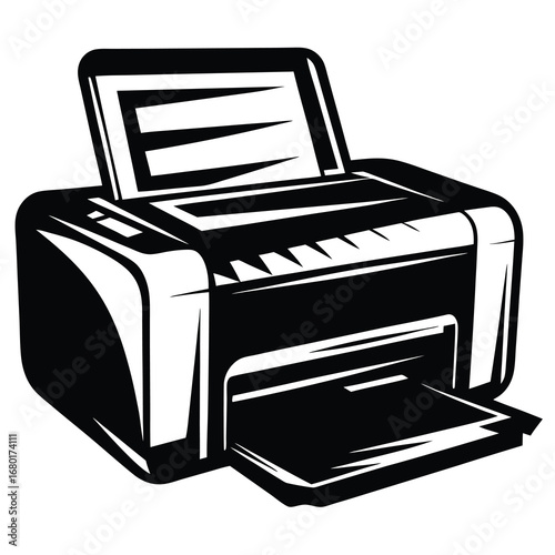 Stylized vector illustration of a modern printer with a bold black design
