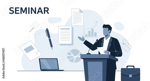 Professional seminar illustration featuring a speaker and business elements for presentation
