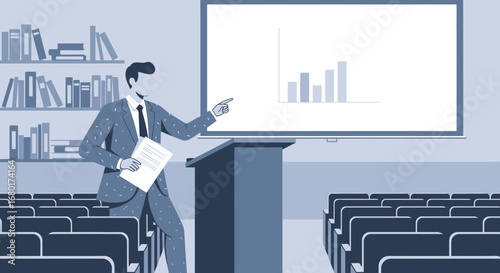 Professional Business Presentation with Graph in Auditorium Depicting Growth and Analysis