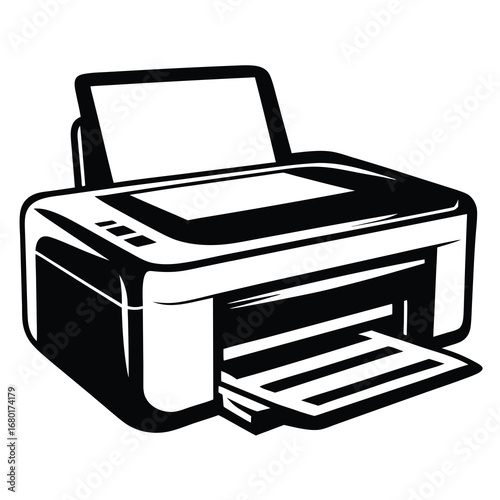 Black and white illustration of a modern office printer for document printing