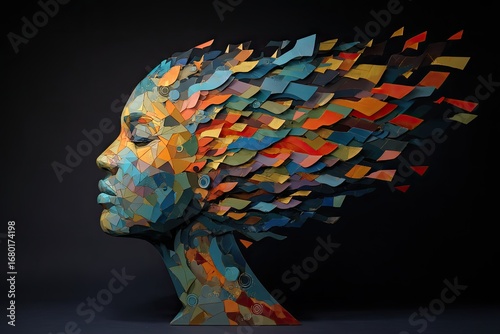 Colorful, fragmented bust of a woman, hair flowing like vibrant, abstract shards