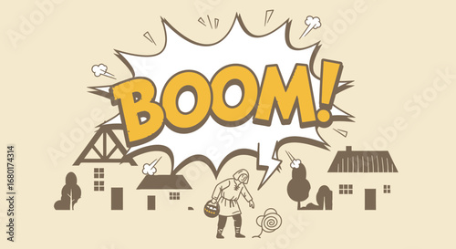 Retro boom cartoon illustration conveying explosive impact on a rural village