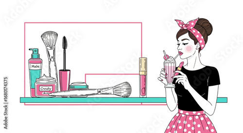 Retro styled beauty illustration with a girl, makeup products and a milkshake