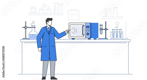 Scientist conducting an experiment with a microwave in a modern laboratory showcasing cutting edge