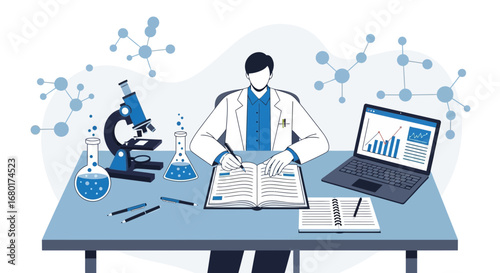 Scientist at work conducting research and analyzing data with scientific tools