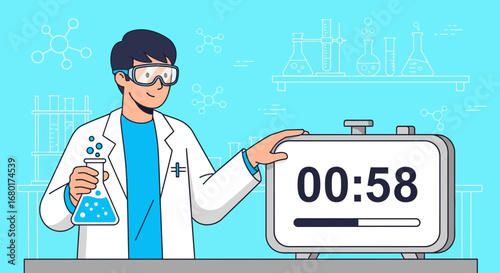 Scientist analyzing time sensitive chemical reactions and laboratory experiment timing