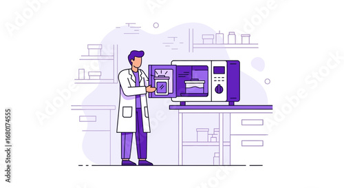 Scientist in lab putting sample in microwave oven for analysis illustration