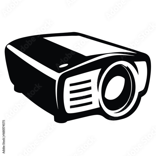 Stylish black and white illustration of a projector with prominent lens design