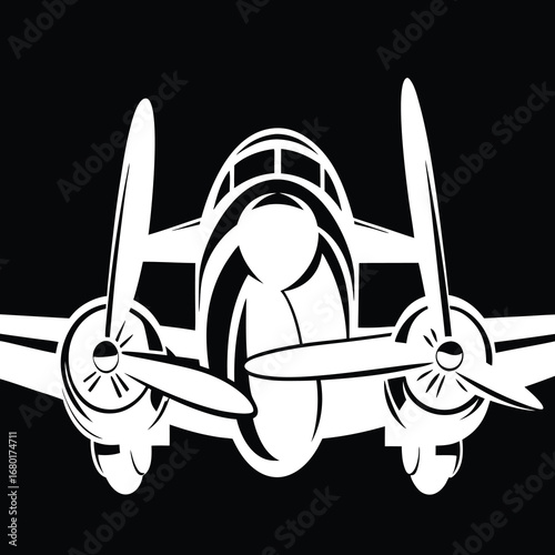 Stylized front view of a vintage twinengine airplane in black and white