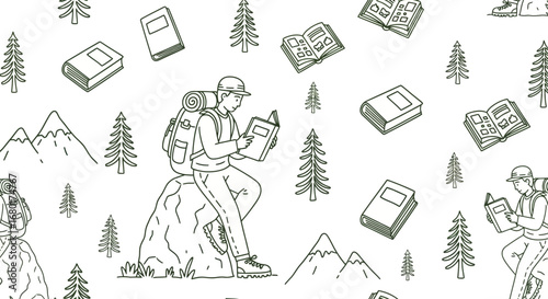 Seamless pattern with a hiker reading a book in nature enjoying the outdoors adventure and study