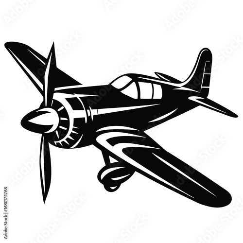Vintage single engine fighter airplane design in black and white vector illustration
