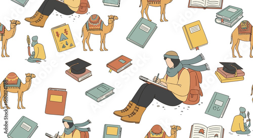 Seamless pattern illustrating education in the middle east with camels and books
